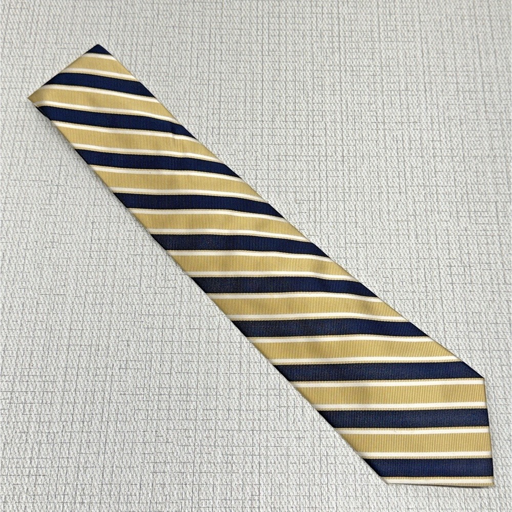 Roundtree & Yorke Silk Tie Mens OS Gold Navy Blue Striped Classic Preppy Formal